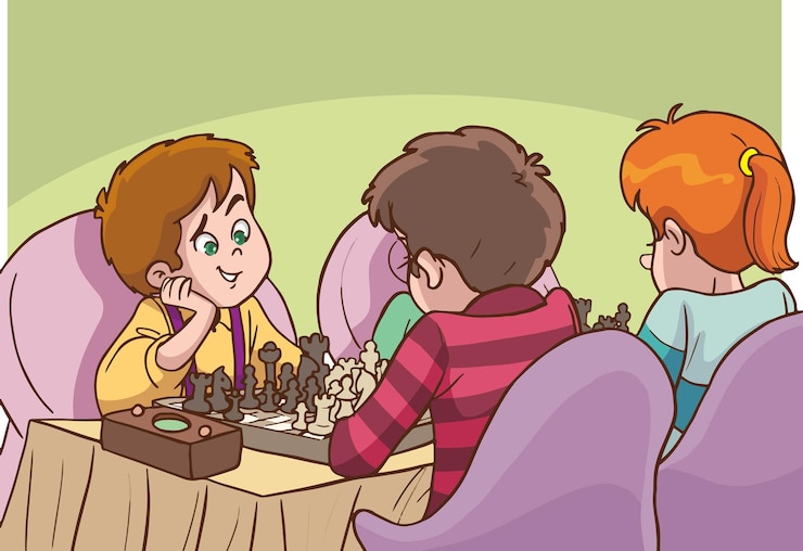 Vector niños jugando al ajedrez niño sentado en la mesa con el tablero de ajedrez torneo de ajedres vector aislado