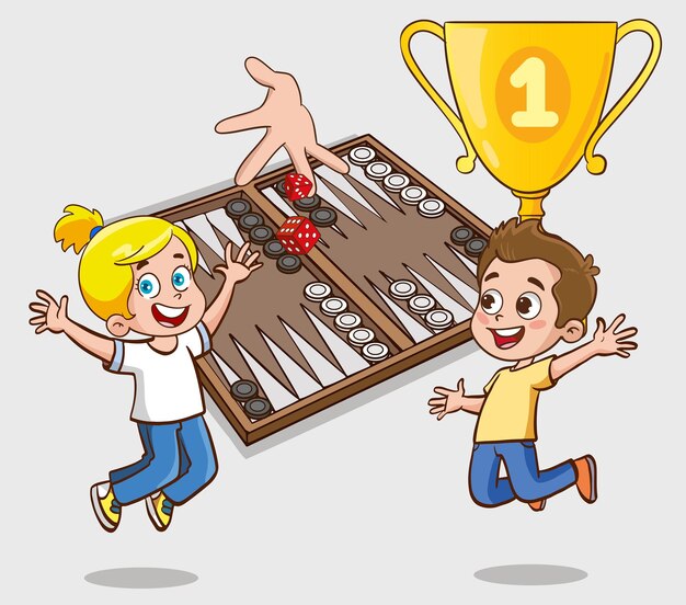 Niños jugando al backgammon y celebrando la victoria