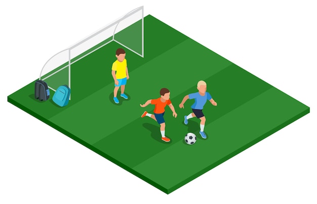 Niños jugando al fútbol al aire libre. ilustración isométrica de vector plano 3d.