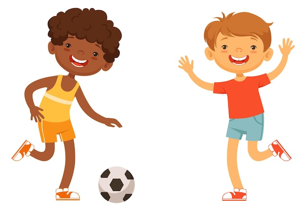 Niños jugando al fútbol juntos Personajes de niños felices