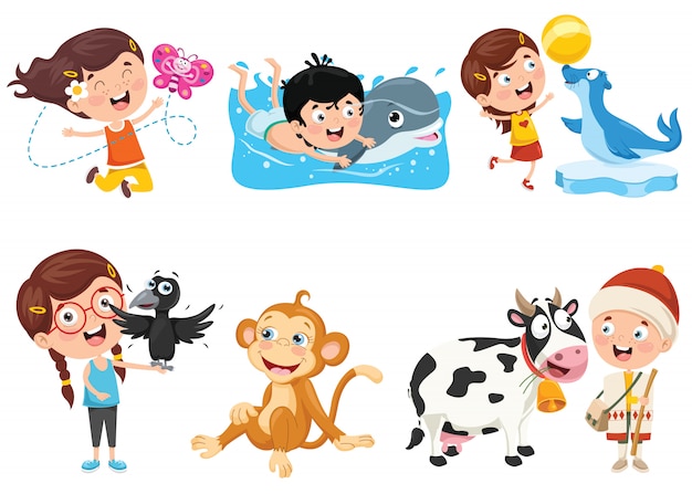 Niños jugando con animales graciosos