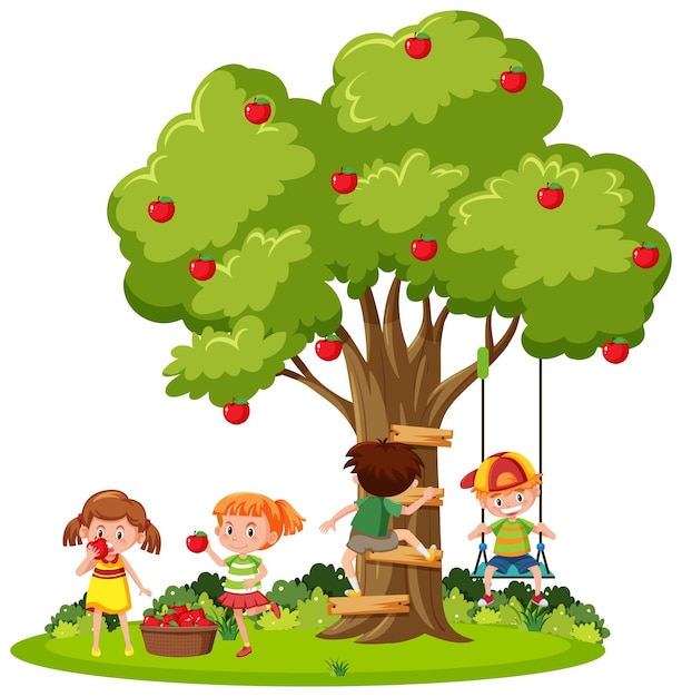 Vector niños jugando bajo el árbol.