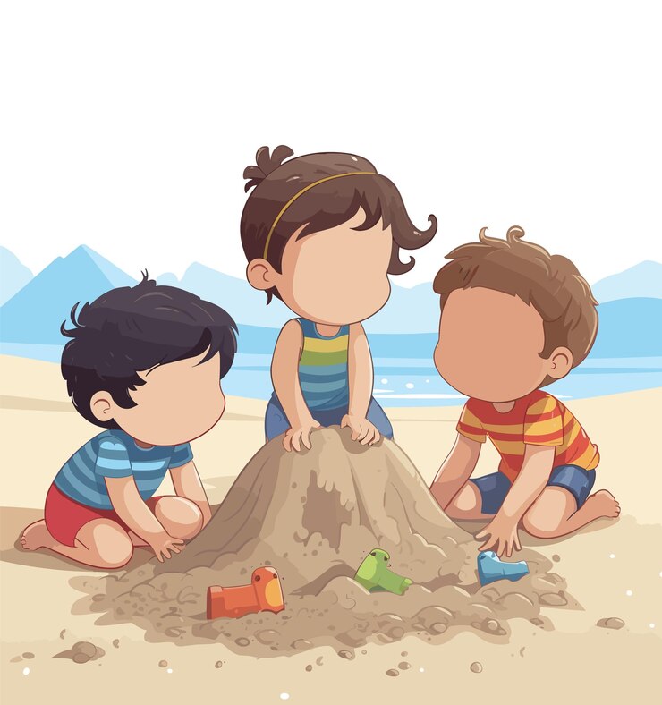 Niños jugando con arena en la playa del mar