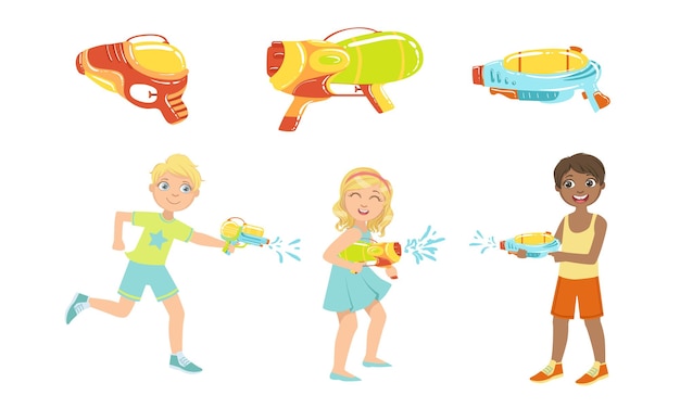 Vector niños jugando con armas de agua set de coloridas pistolas de agua ilustración vectorial de armas de juguete