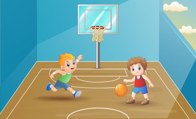 Niños jugando baloncesto en la cancha ilustración