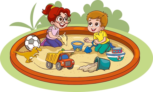 Niños jugando en la caja de arena sobre un fondo blanco Ilustración vectorial