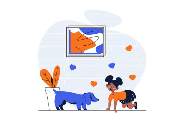 Niños jugando el concepto web con la escena del personaje linda chica se regocija con la mascota y pasa tiempo con el perro en casa situación de la gente en diseño plano ilustración vectorial para material de marketing en redes sociales