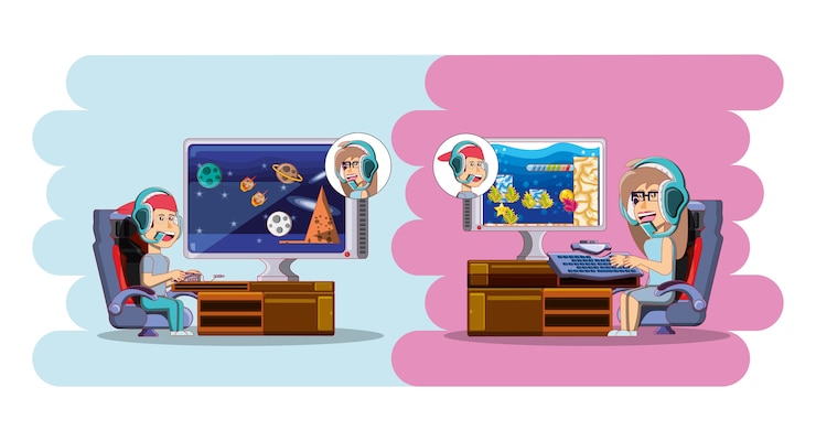 Vector niños jugando con consola de videojuegos