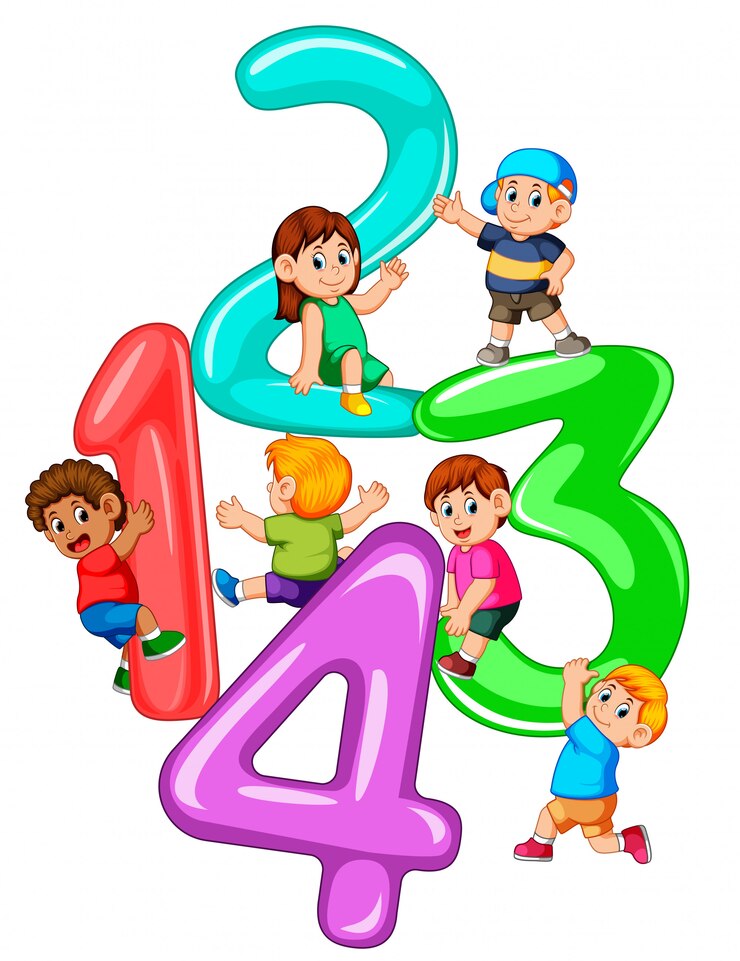 Vector niños jugando con gran numero uno a cuatro.