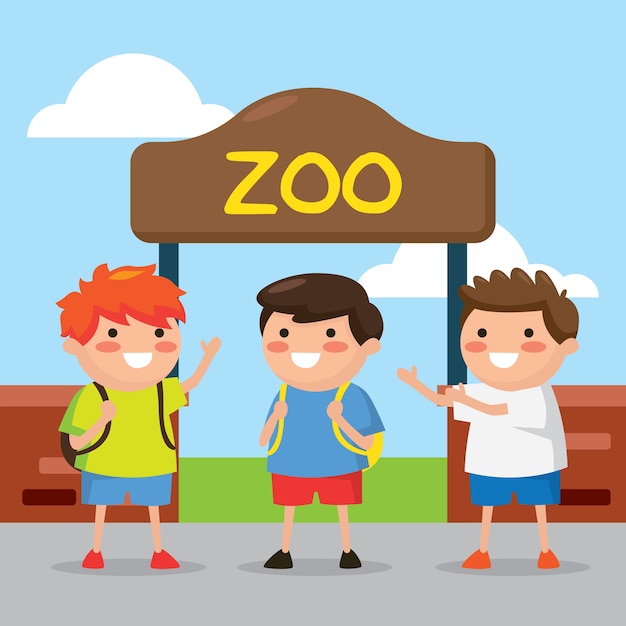 Vector niños jugando en la ilustración de dibujos animados de zoológico