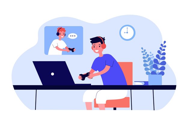 Niños jugando ilustración de vector plano juego de red. Niños divirtiéndose en auriculares con controladores frente a computadoras portátiles. Juego de computadora, amistad, diversión, concepto de pasatiempo para el diseño, página de inicio