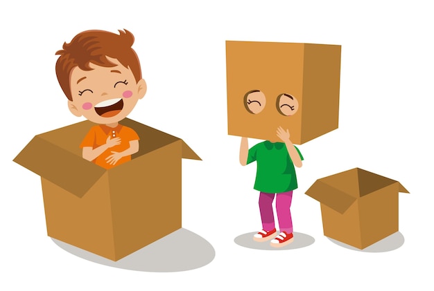 Vector niños jugando juguetes de cajas de cartón.