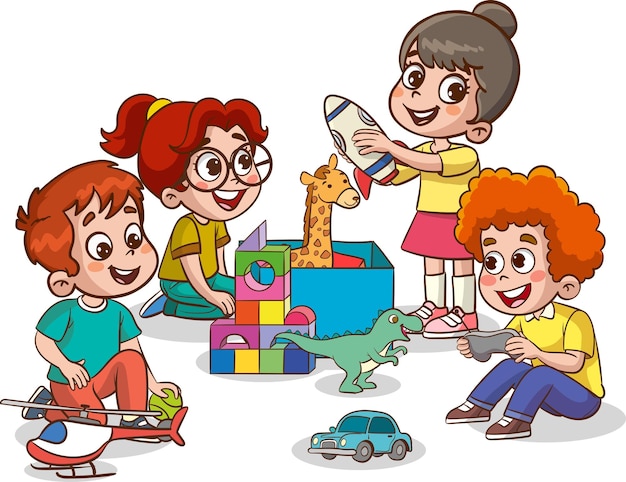 Niños jugando con juguetes Ilustración vectorial de niños jugando con juguetes