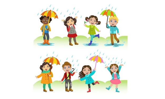 Vector niños jugando bajo la lluvia, niños y niñas felices divirtiéndose al aire libre ilustración vectorial