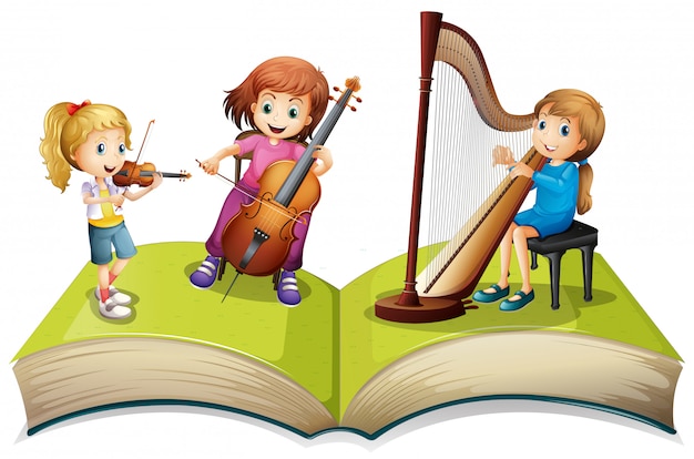 Niños jugando música en el libro de niños