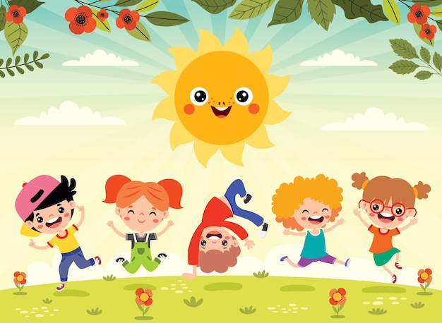 Vector niños jugando en la naturaleza con sol