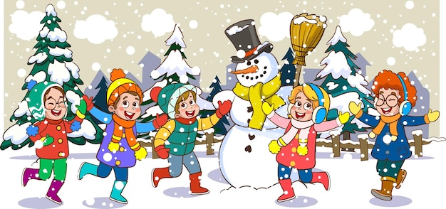 Niños jugando en la nieve con un muñeco de nieve