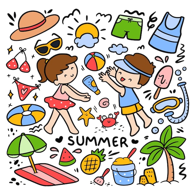 Niños jugando a la pelota de playa con objetos relacionados con el verano en la ilustración vectorial de estilo Doodle de dibujos animados