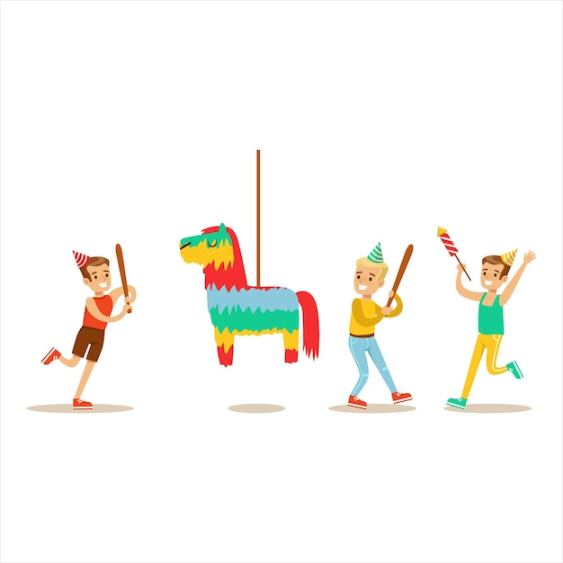 Niños jugando con piñata en forma de caballo Escena de fiesta de cumpleaños para niños con personaje sonriente de dibujos animados