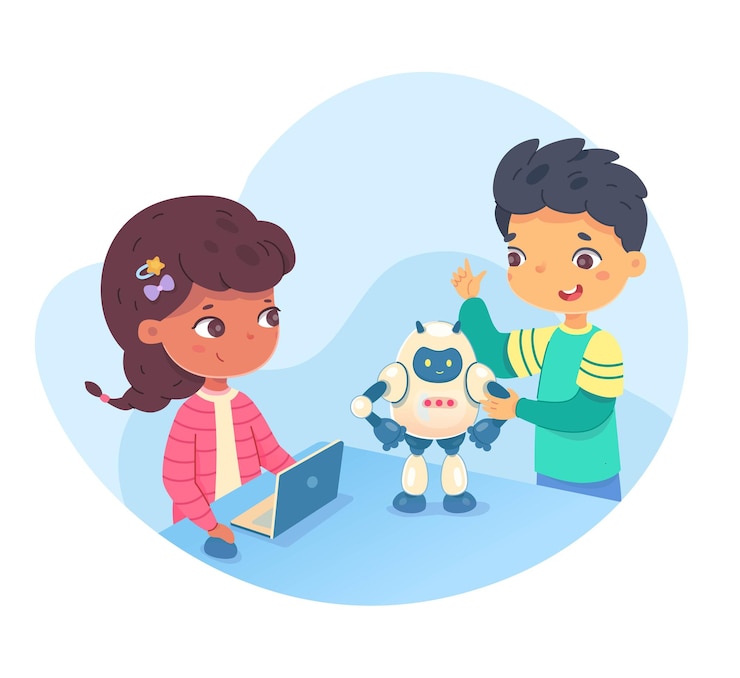 Vector niños jugando con un robot de un proyecto de ciencia de ingeniería y codificación de niños y niñas portátiles en la computadora