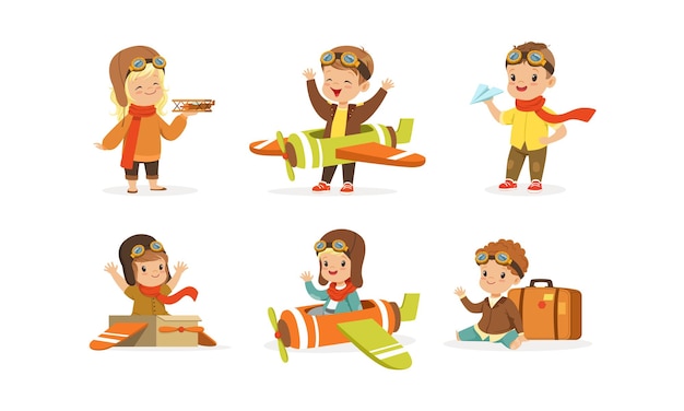 Niños jugando a ser pilotos con disfraces de aviador