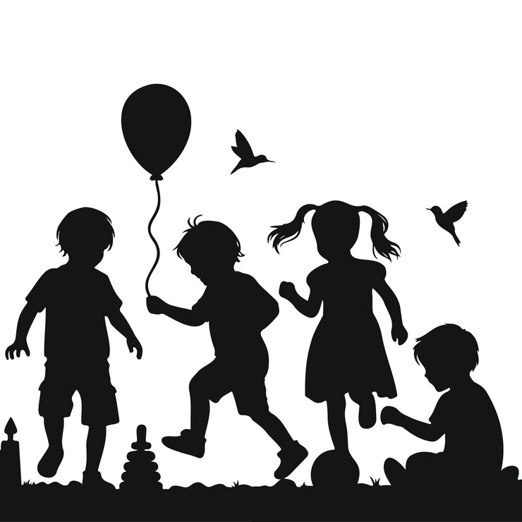 Vector niños jugando a la silueta feliz del día de los niños aislados sobre un fondo blanco