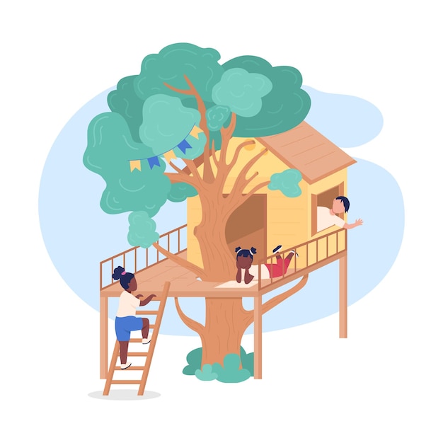 Niños jugando en la web 2D de la casa del árbol,