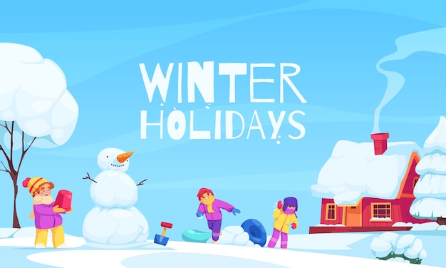 Niños juntos en la plantilla de banner plano dibujado a mano en la nieve