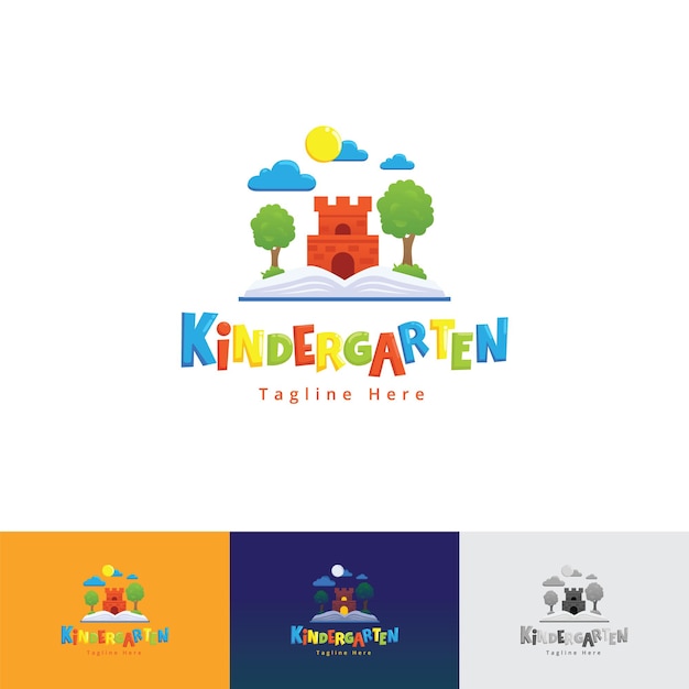 Vector niños kindergarten books combinación castle tree paper craft style logo plantilla con combinación divertida