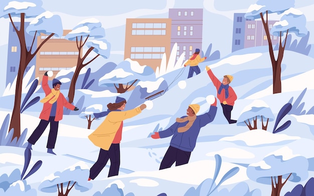 Los niños lanzan una imagen vectorial de bolas de nieve al aire libre