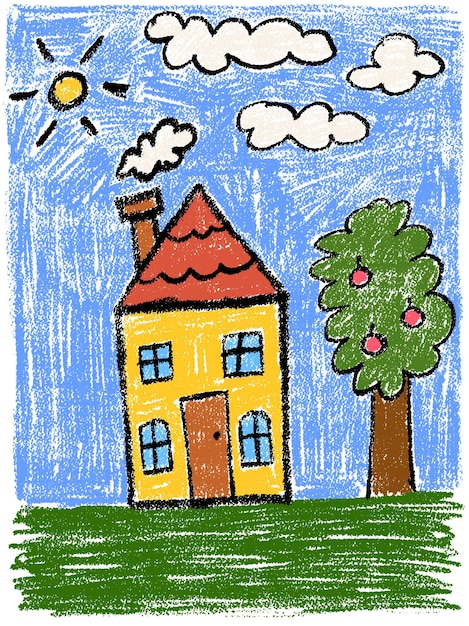 Vector niños con lápices de colores dibujando una casa amarilla con un jardín