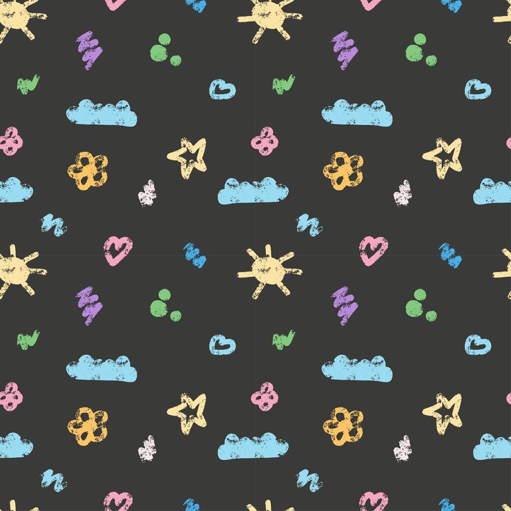 Vector niños lápiz de colores patrón sin costuras con nubes sol estrellas corazones mariposas y flores en fondo oscuro