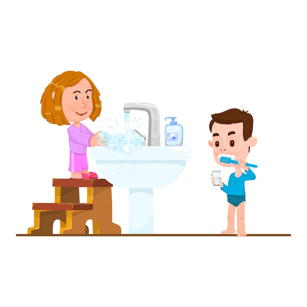 Los niños se lavan la cara, se cepillan los dientes, estilo plano de niño y niña de dibujos animados.