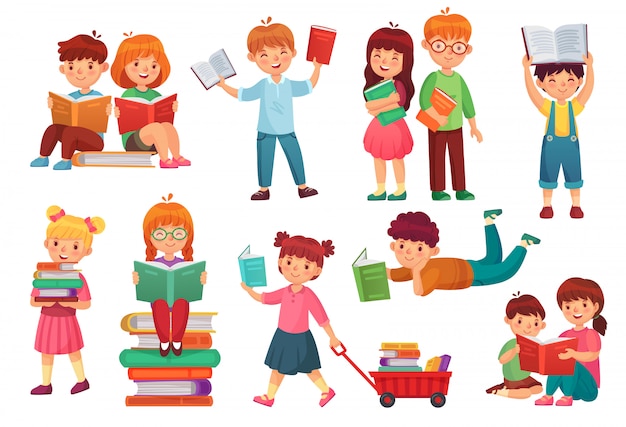 Vector los niños leen el libro. niño feliz leyendo libros, niña y niño aprendiendo juntos y jóvenes estudiantes aislados ilustración de dibujos animados