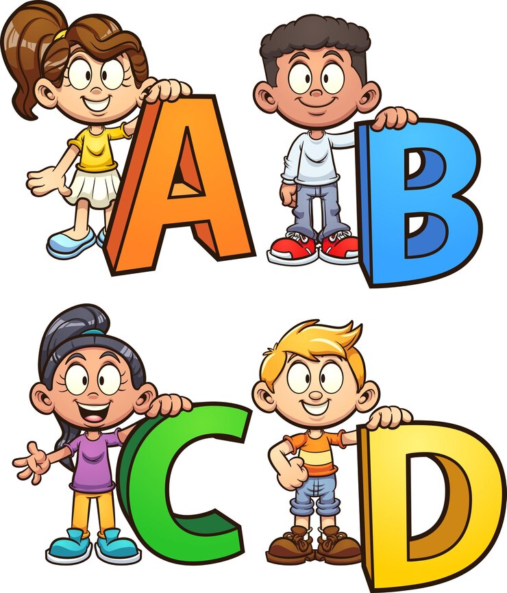 Vector niños con letras del alfabeto.