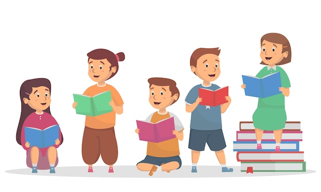 Vector niños leyendo un libro juntos ilustración