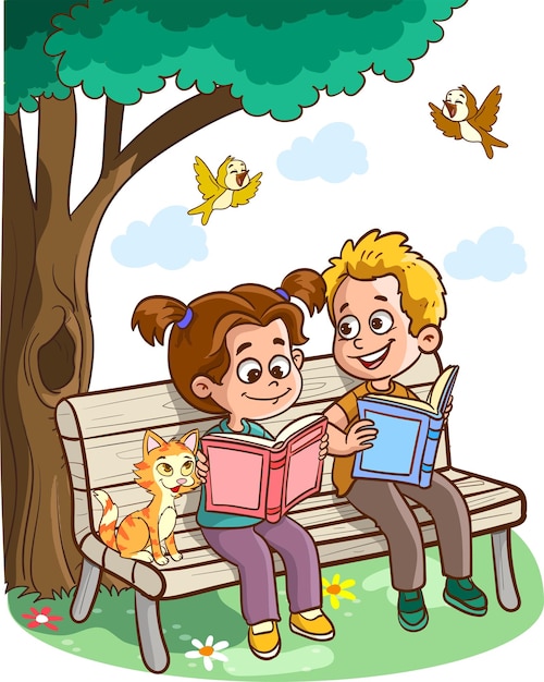 Niños leyendo libros en un banco en un parque