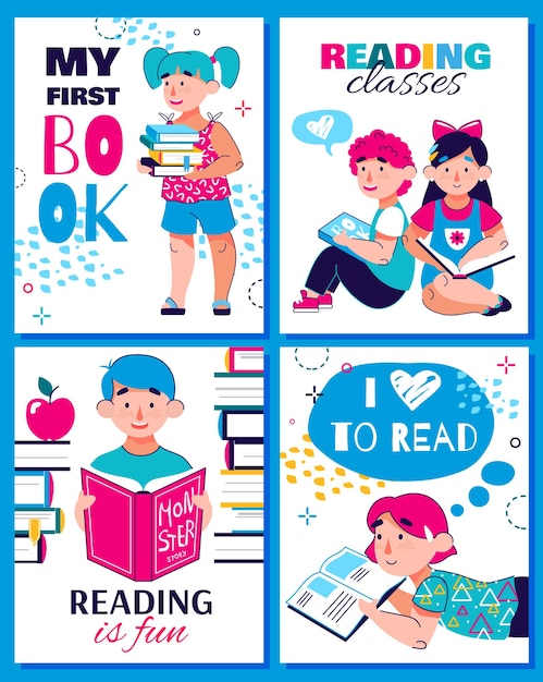 Vector niños leyendo libros conjunto de carteles de dibujos animados mis primeras clases de lectura de libros