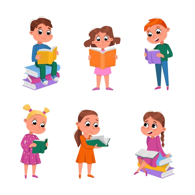 Niños leyendo libros y disfrutando del conjunto vectorial de literatura