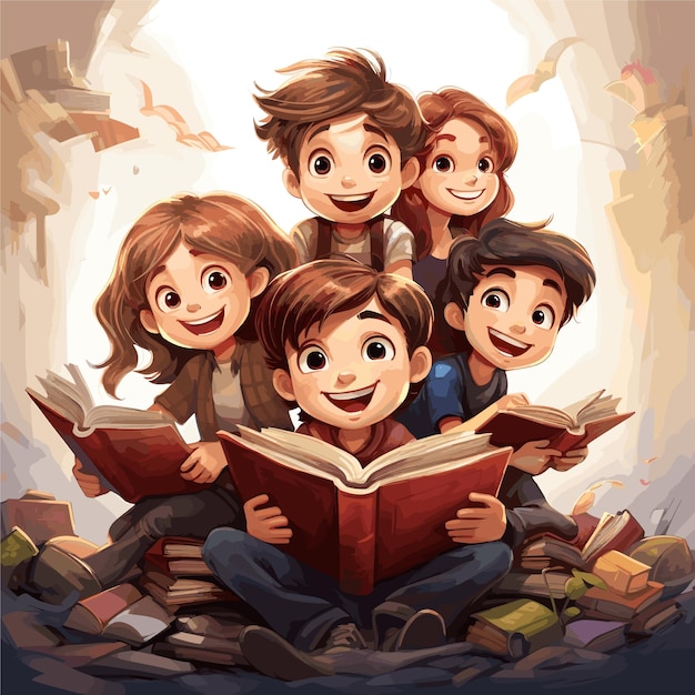 Niños leyendo libros sobre fondo blanco ilustración vectorial