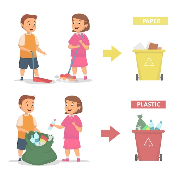Los niños limpian y tiran basura al concepto de bote de basura correctamente