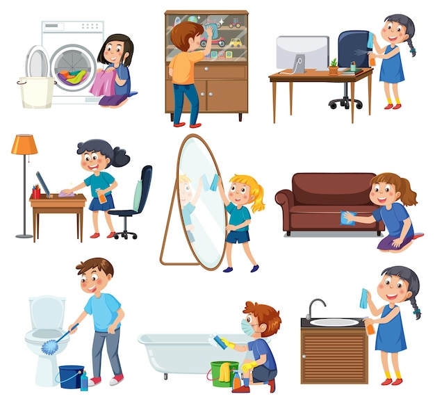 Niños limpiando en casa set