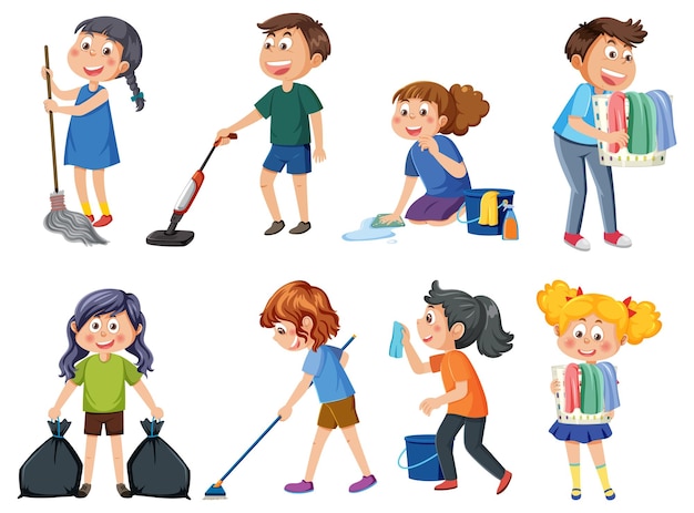 Niños limpiando en casa set