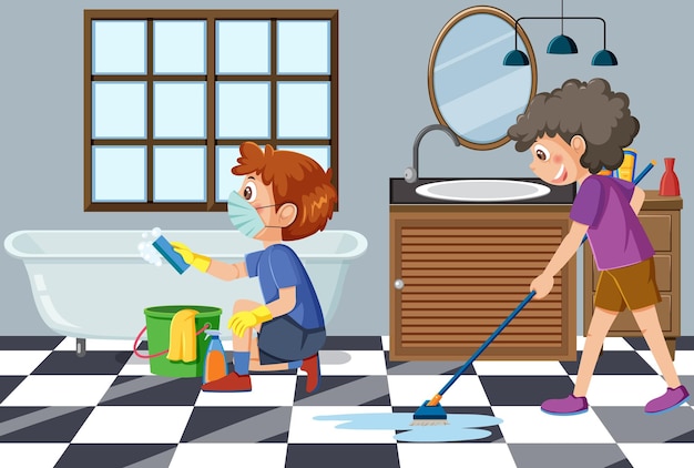 Vector niños limpiando la habitación juntos