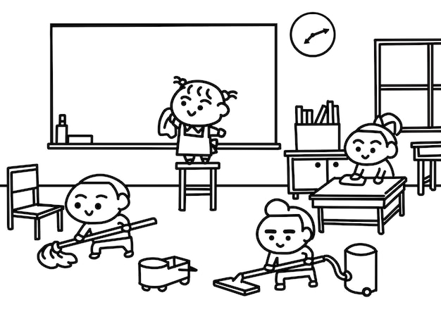 Niños limpiando el salón de clases