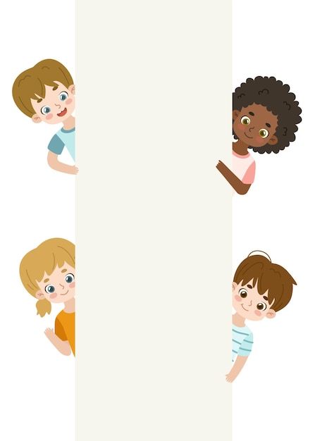 Vector niños lindos asomándose por detrás de una pancarta vertical en blanco.