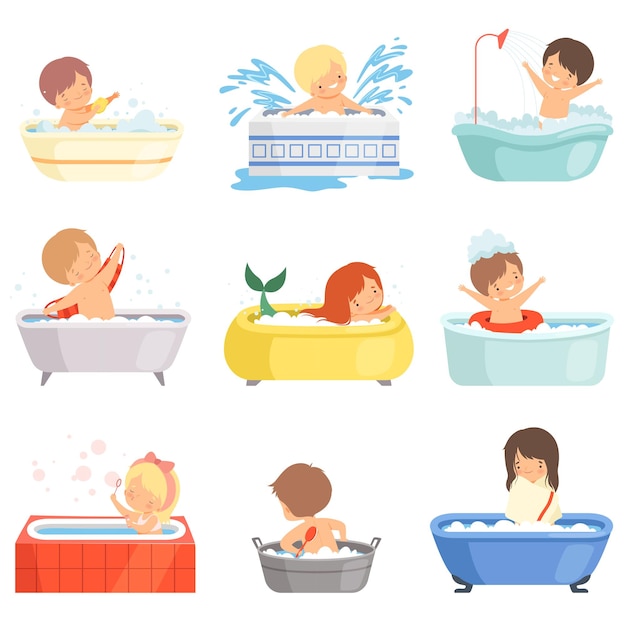 Niños lindos bañándose y jugando en la bañera Set adorables niños y niñas en el baño Ilustración vectorial de higiene diaria en fondo blanco