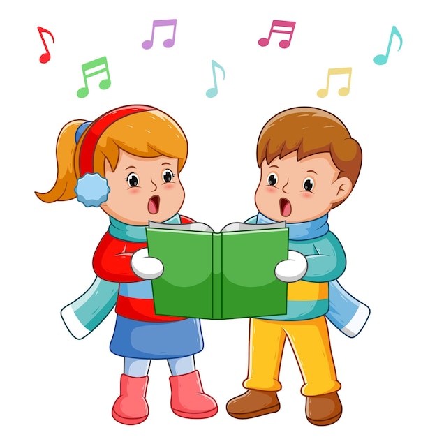 Niños lindos cantando villancicos. ilustración de dibujos animados de vectores