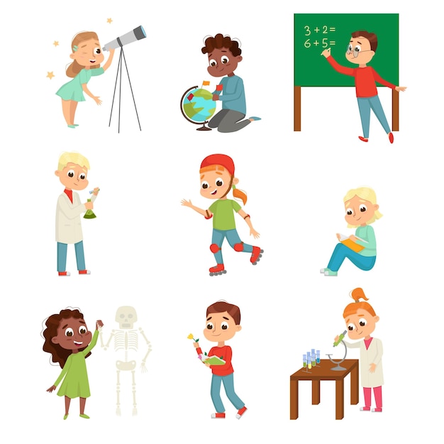 Niños lindos en la clase estudiando asignaturas escolares conjunto vectorial
