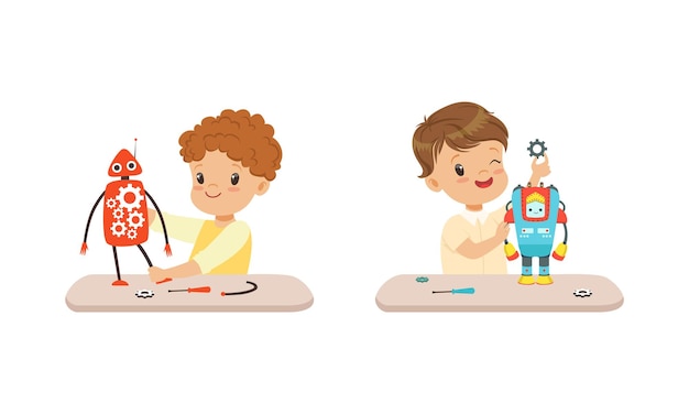 Niños lindos creando modelos de robots juegos niños ingenieros construyendo tecnología robótica pasatiempo o futura profesión concepto ilustración vectorial de dibujos animados